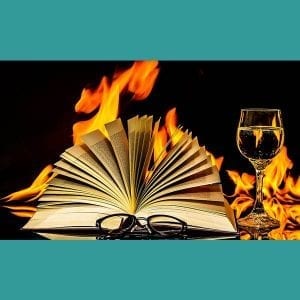 brennendes buch, wein, brille, feuer