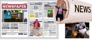 Pile of old newspapers and magazines against a white background