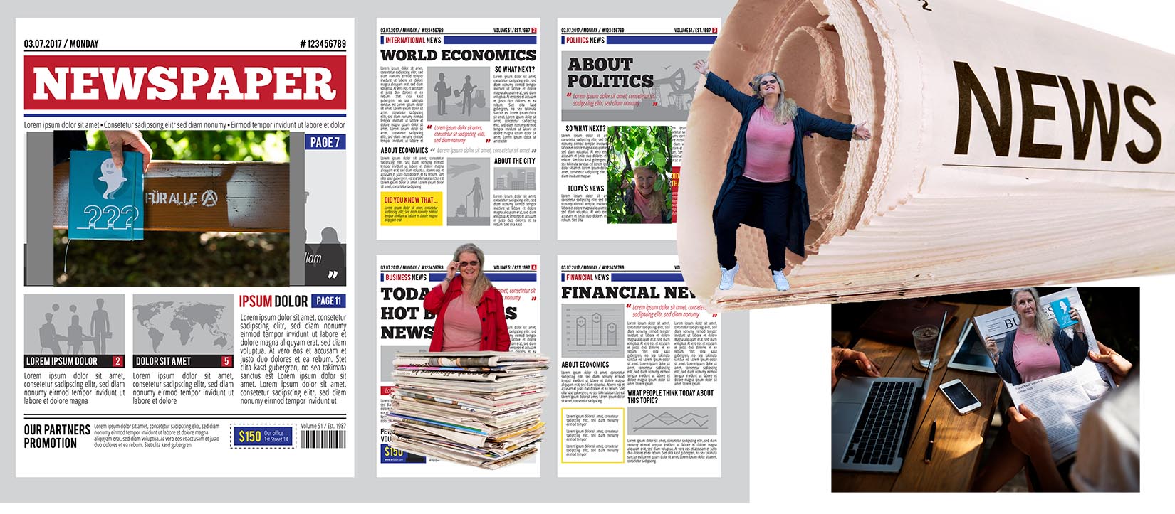Pile of old newspapers and magazines against a white background