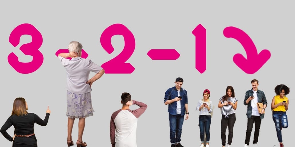 junge und alte Menschen stehen herum, 3,2,1, Countdown, handyzombies